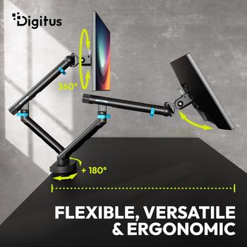 Digitus galda monitors stiprinājums DA-90471, 2x35 collas, 2x10 kg, 20 kg, melns, VESA 75x75 100x100, regulējams (DA-90471)