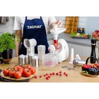 Zelmer ZMM4050B 70504735P, 1900W, 2.5кг/мин, 3 решетки, насадка для колбас, измельчитель, белый (70504735P)