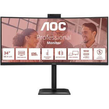 Aoc монитор CU34E4CW, 3440 x 1440, 120 Гц, 4 мс, 350 кд/м², 2xHDMI, USB-C, 90W PD, 5MP камера, KVM, черный (CU34E4CW)