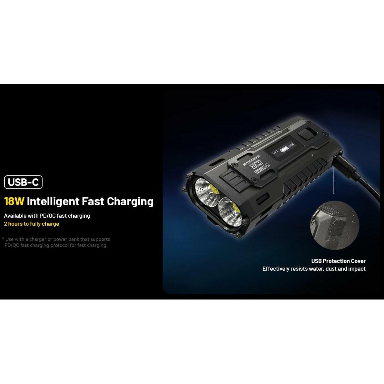 Nitecore EDC37 gaismas lukturis, 8000 lm, 420 m, 8000 mAh Li-Ion akumulators, USB-C uzlāde, OLED displejs, IP54 (EDC37)