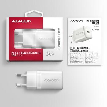 Axagon зарядное устройство ACU-PD30W 30W, 1x USB-C, быстрая зарядка, белый, сетевой адаптер, CE, RoHS (ACU-PD30W)