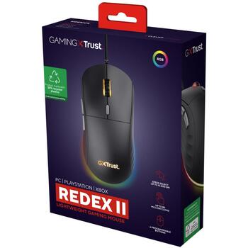 Trust USB optiskā pele GXT 925 REDEX II 25125, 10000 DPI, 6 pogas, 1.8m kabelis, melna krāsa, RGB apgaismojums (25125)