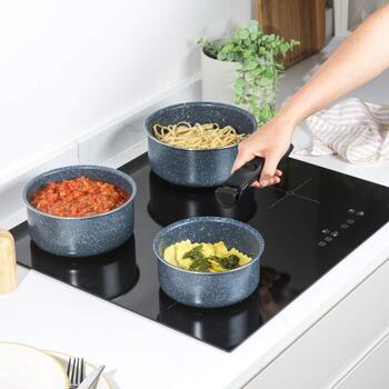 Russell Hobbs Katliņu komplekts RH03294EU7, 16cm, 18cm, 20cm, noņemams rokturis, zils marmora pārklājums (RH03294EU7)
