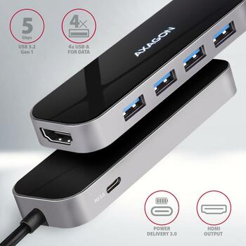 Axagon USB centrmezgls HMC-6H4A 6in1, 4x USB-A, 1x USB-C PD 100W, 1x HDMI 4K, 5Gb/s, 20cm kabelis (HMC-6H4A)