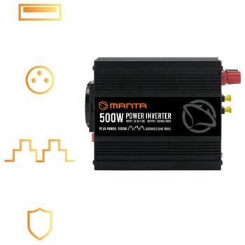 Manta MPI500M инвертор, 500W, 1000W, 12V или 24V на 230V, USB DC 5V 2.1A, модифицированная синусоида, защита (MPI500M)