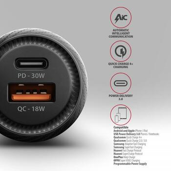 Axagon Автомобильное зарядное устройство PWC-PQ48 48W, 2xUSB, 12-24V, QC4+, PD3.0, быстрая зарядка, защита от перегрузки (PWC-PQ48)