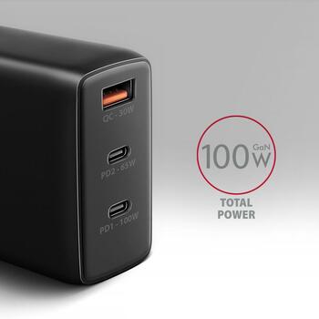 Axagon настенный зарядное устройство ACU-DPQ100 100W, 100-240V, 3 порта, QC 4+, PD 3.0, черный, защита питания (ACU-DPQ100)