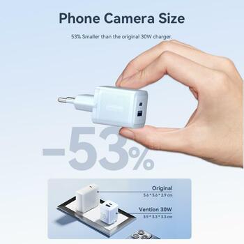 Vention lādētājs FERW0-EU 65W PD ātrā uzlāde, 3 ierīces, 2 USB-C, 1 USB-A, AC, balts (FERW0-EU)