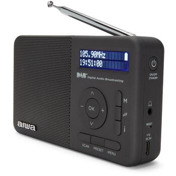 Aiwa RD-40DAB/BK портативное радио, DAB+, FM, 50+50 станций, 2 Вт RMS, Li-ion 3,7 В 2000 мАч, 16 ч работы, 3 ч зарядки, будильник (RD-40DAB/BK)