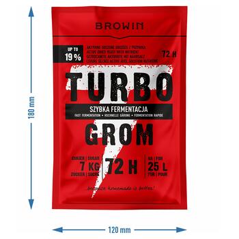 Browin дистилляционные дрожжи Turbo GROM 72h 403200, 120 г, 19% алкоголя, 25 Л партия, 6-8 кг сахара (403200)