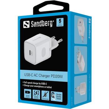 Sandberg USB-C AC зарядное устройство 441-42, 20W, 230V, 5V, 3A, Тип F, Универсальное, Plug and Play (441-42)