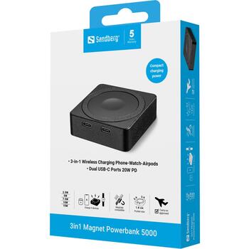Sandberg 3in1 Magnet Powerbank 421-28, 5000mAh, 15W, 2xUSB-C, магнитное крепление, компактный дизайн (421-28)