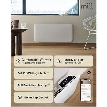 Paneļveida sildītājs ar 1300 W jaudu un WiFi vadību telpām līdz 15–19 m² IPX4 balts PA1300WIFI4 Mill (PA1300WIFI4)