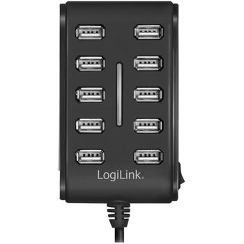 LogiLink USB концентратор UA0125, 10x USB 2.0, 480 Мбит/с, 5В 3.5А, черный, кнопка вкл выкл, защита от перегрузки (UA0125)
