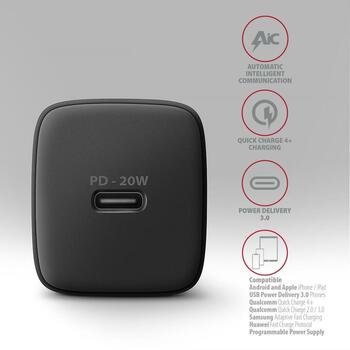 Axagon зарядное устройство ACU-PD20 20W, 1x USB-C, черное, быстрая зарядка, защита от: перенапряжения, перегрева, перегрузки (ACU-PD20)