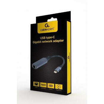 Gembird USB adapteris Type C uz LAN, 1 x USB-C, pelēks, 0.15 m (A-USB3C-LAN-01)