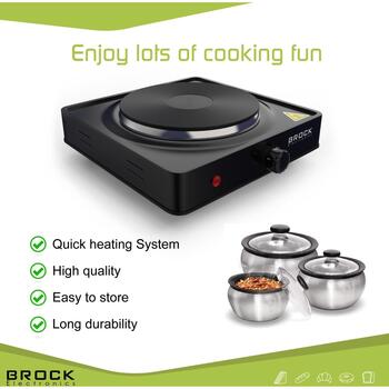 Brock EP 100 BK Mini plīts, 1 elektriskā sildvirsma, 1000 W, 220–240 V, 50/60 Hz, 15,5 cm, melna (EP 100 BK)