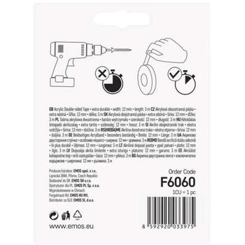 Emos Акриловая лента F6060, 12 мм, 3 м, прозрачная, 1,00 мм, 2 кг/30 см, двусторонняя, УФ-стойкая, самозатухающая (F6060)