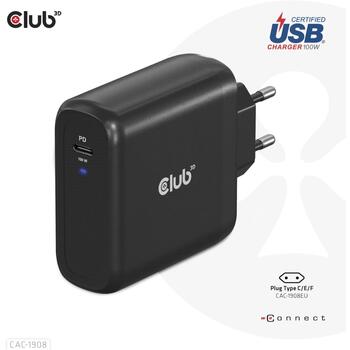 Club3D зарядное устройство CAC-1908EU 100W, USB Type-C, PD 3.0, 100-240VAC, 5V/9V/12V/15V ≤ 3A, 20V ≤ 5A, OCP, OVP, SCP, OTP (CAC-1908EU)