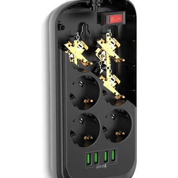 Colorway Электрическая розетка CW-CHE64B, 17W, 10A, 250V, 6 евроразъемов, 4xUSB, 2м медный кабель, защита от детей (CW-CHE64B)