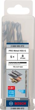 HSS-G urbji metālam 8.0mm, 5gab., Urbjmašīnām/skrūvgriežiem PRO METAL HSS-G STANDARTA SPIRĀLVEIDA URBJA GARUMS, 2608595072, BOSCH (2608595072)