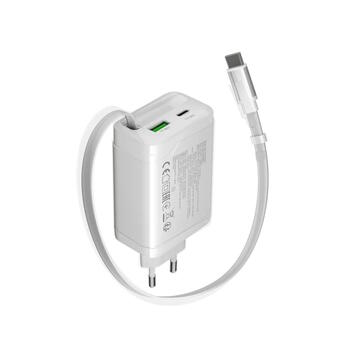 Kompakts sienas lādētājs ar integrētu USB C kabeli 65 W kopējo jaudu 1×PD un 1×QC ātrās uzlādes portu OnCharge 65RC Build In Cable EU Balts CNS-CURC65ACW CANYON (CNS-CURC65ACW)