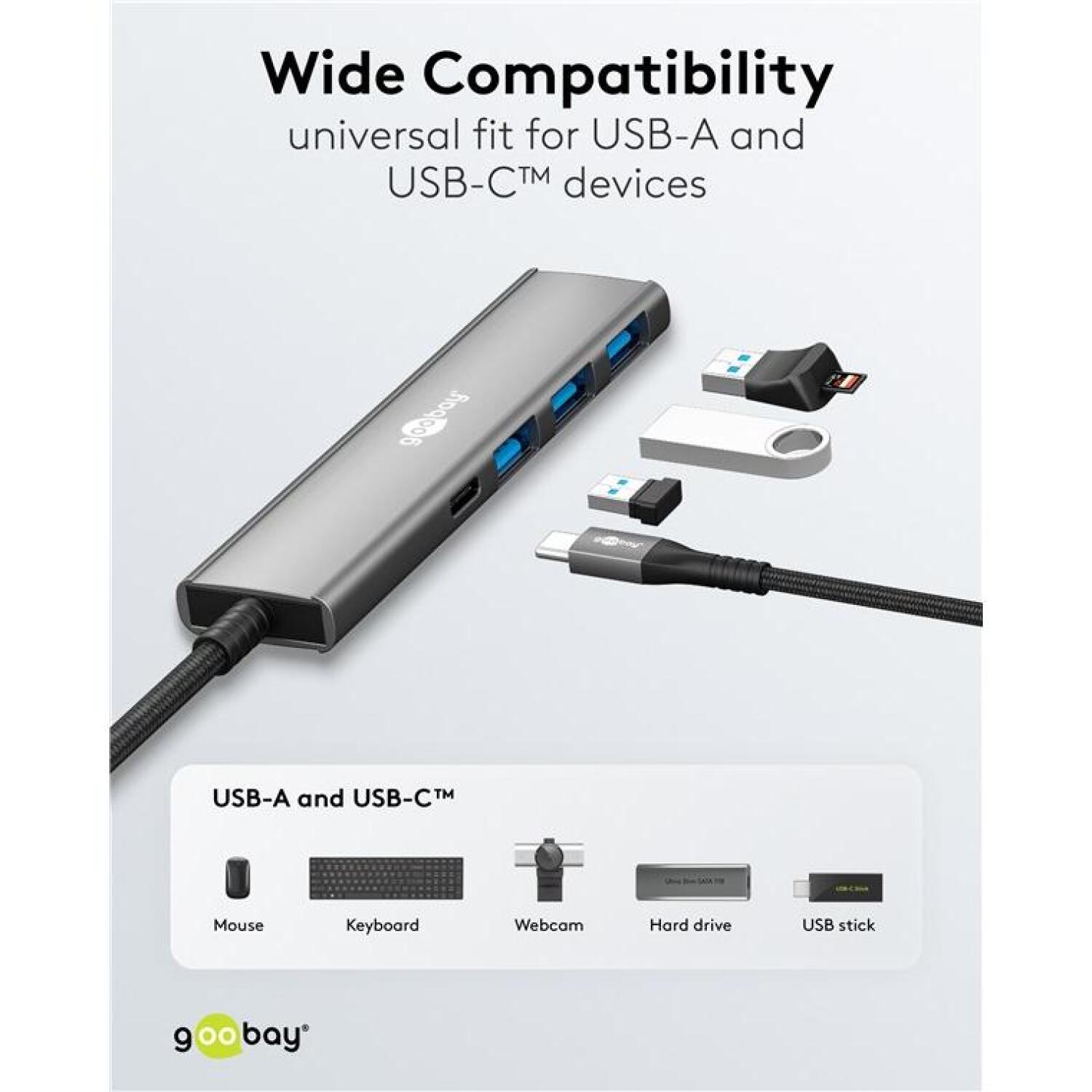 Goobay 76562 USB-хаб, 4 порта, USB-C на USB-C/USB-A, 5 Гбит/с, светло-серый (76562)