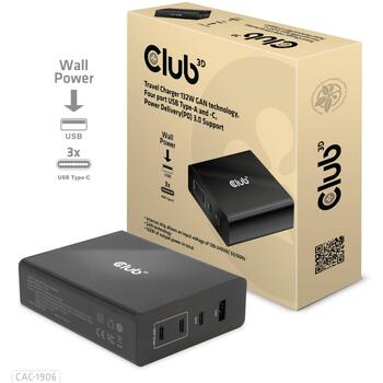 Club3D зарядное устройство CAC-1906 132W, 3 USB Type-C, 1 USB Type-A, 100-240V, PD 3.0, защита от перегрузки и короткого замыкания (CAC-1906)