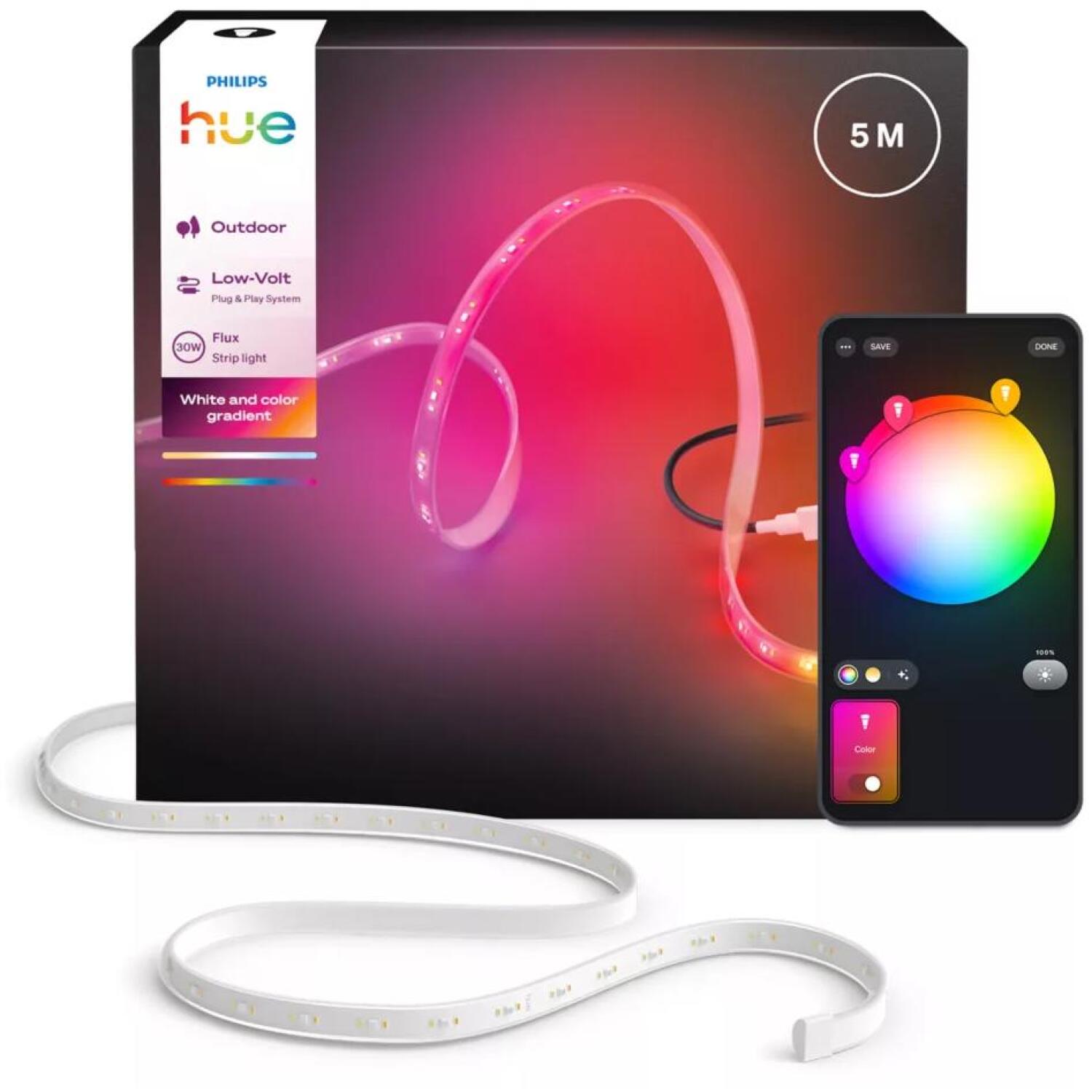 Philips Hue светодиодная лента Flux 8721103088970, 5 м, 30 Вт, 3000 лм, 6500 К, IP67, LED, Zigbee, Chromasync, для улицы (8721103088970)