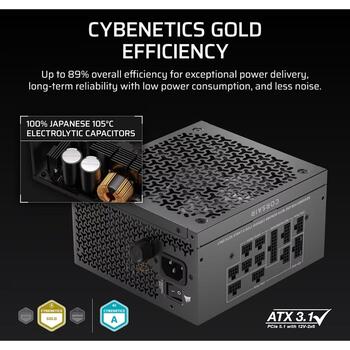Corsair barošanas bloks RM1000x SHIFT CP-9020300-EU, 1000W, 140mm ventilators, Cybenetics Gold, ATX12V 3.1, PCIe 5.1 (CP-9020300-EU)