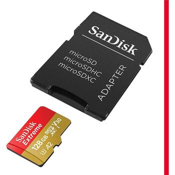 Sandisk карта памяти, Extreme, SDSQXAA-128G-GN6MA, 128 ГБ, 190 МБ/с, 90 МБ/с, UHS 3, V30, A2, водо- и ударопрочная (SDSQXAA-128G-GN6MA)