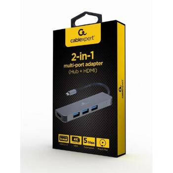 Gembird USB adapteris Type C uz HDMI/USB 3.2, 1 HDMI ports, 3 USB 3.2 porti, 5 Gbps, Plug & Play (A-CM-COMBO2-01)