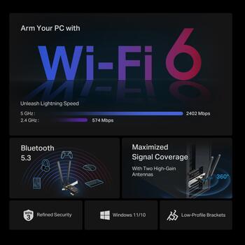 TP-Link Archer TX55E AX3000 Wi-Fi 6 Bluetooth 5.2 PCIe адаптер 2402 Mbps 574 Mbps Антенны Чёрный (ARCHERTX55E)