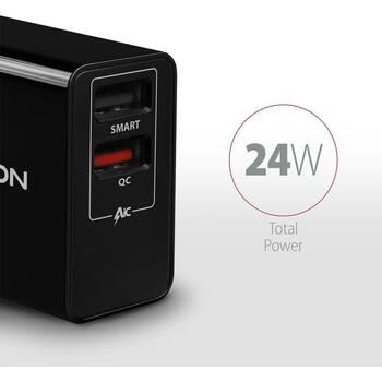 Axagon зарядное устройство ACU-QS24 24W, 2x USB QC3.0, 5V-1.2A, 100-240V, черный, защита питания (ACU-QS24)