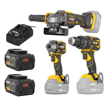JCB JCB-18PKIT-7 Professional 18V 3 instrumentu komplekts urbjmašīna-skrūvgriezis 75Nm trieciena skrūvgriezis 230Nm leņķa slīpmašīna 125mm 2x5.0Ah akumulatori 4.5A lādētājs (JCB-18PKIT-7)