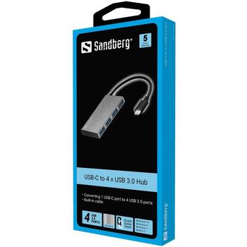 Sandberg USB-C на 4 xUSB 3.0 карманный хаб 136-20, 4 x USB 3.0, 1 x USB-C Male, алюминиевый корпус (136-20)