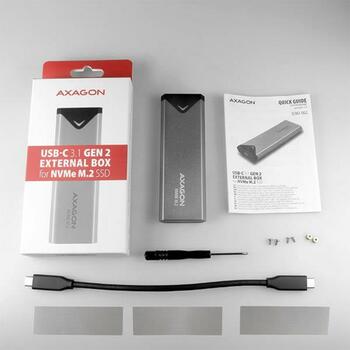 Axagon SSD корпус EEM2-UG2 10Gbps, M.2, Серебристый, USB-C кабель 20 см, 3 термопрокладки (EEM2-UG2)