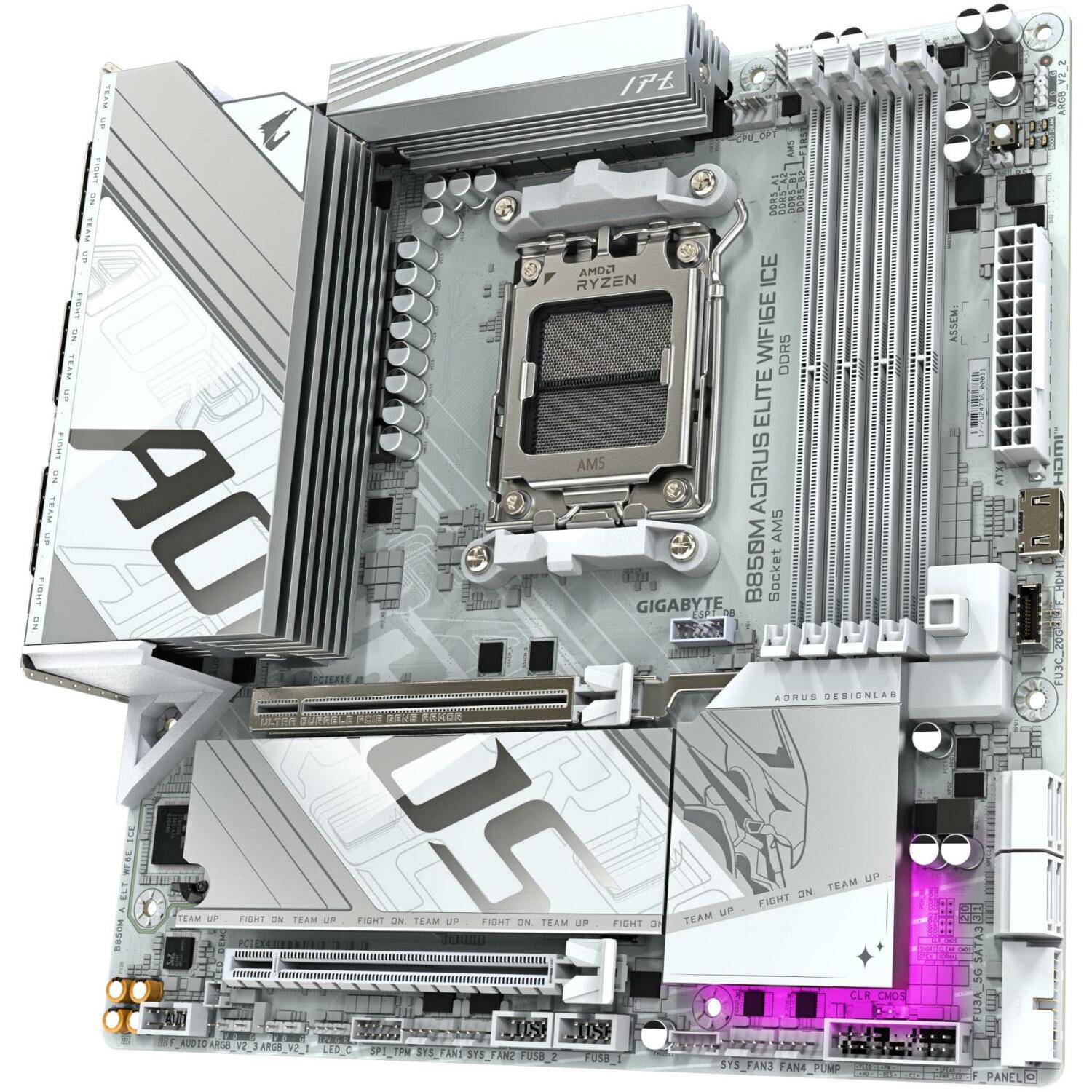 Gigabyte Материнская плата B850M A ELT WF6E ICE, 12+2+1 фазы, DDR5 4 DIMM, PCIe 5.0 x16, M.2 Gen5, 2.5GbE LAN, Wi-Fi 6E (B850M A ELT WF6E ICE 1.1)