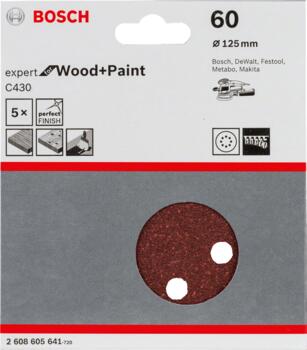 Slīppapīrs,kokam,PEX D=125mm,K60,5 gab., Ekscentra slīpmašīnām, ekscentra slīpmašīnām ar putekļu maisu C430 EXPERT FOR WOOD AND PAINT, 2608605641 BOSCH (2608605641)
