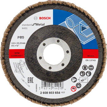 Slīpēšanas disks metālam Standard 115X22mm,80, Mazām leņķa slīpmašīnām X431 STANDARD FOR METAL VĒDEKĻVEIDA DISKI, IZLIEKTĀ VERSIJA, 2608603654, BOSCH (2608603654)