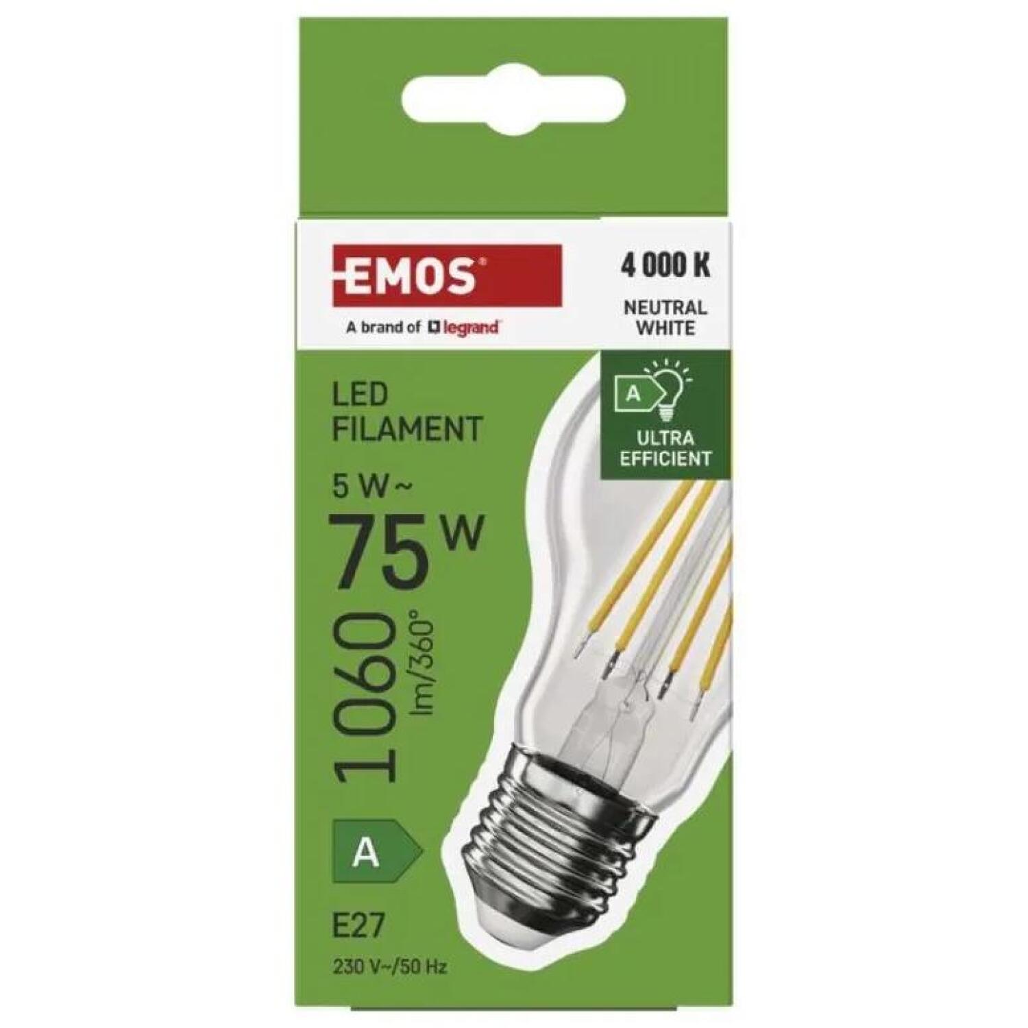 Emos LED лампа FILAMENT A60 ZF5158, 5 W, 1 060 lm, 230 V, 50 000 часов, E27, нейтральный белый, 360°, класс A (ZF5158)