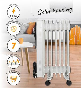 Efektīvs eļļas sildītājs ar 7 sekcijām ~15–18m² telpām maks. jauda 1500W Balts AD7815 Adler (AD 7815)