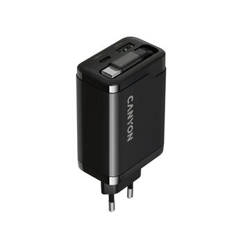 Kompakts sienas lādētājs ar integrētu USB C kabeli 65 W kopējo jaudu 1×PD un 1×QC ātrās uzlādes portu OnCharge 65RC Build In Cable EU Melns CNS-CURC65ACB CANYON (CNS-CURC65ACB)