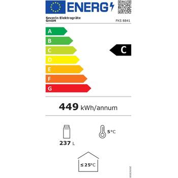 Severin Ledusskapis 8841-000, 237l, 449kWh/a, C, LED, 54cm, 141cm, 54.5cm, 42dB, Elektroniska vadība, Brīvi stāvošs (8841-000)