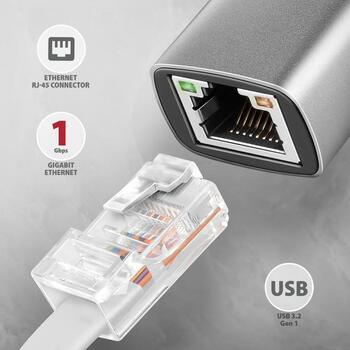 Axagon сетевой адаптер ADE-TXCA, 1 x RJ-45, 10/100/1000 Mbit/s, USB 3.2 Gen 1, ASIX AX88179, адаптер питания, серый (ADE-TXCA)