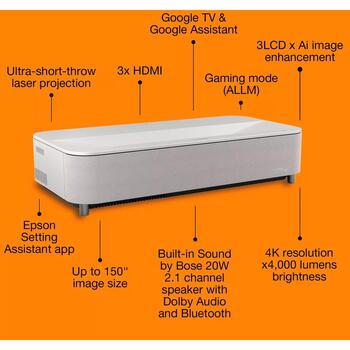 Epson Projektors EH-LS970W V11HB83040, 4000 ANSI lūmenus, 4K UHD (3840 x 2160), Wi-Fi, 0.16 - 0.40:1, 1.07 miljardi krāsu (V11HB83040)
