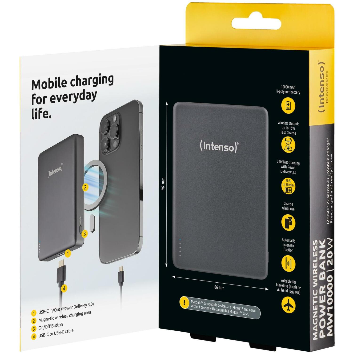 Intenso Power Bank 7344034 10000 мАч, 20 Вт USB-C PD, 15 Вт беспроводная зарядка, совместим с MagSafe, серый (7344034)