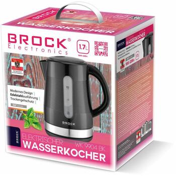 Brock WK 9904 BK чайник, 1,7 л, 2200 Вт, 360° подставка, черный/нержавеющая сталь, автоотключение (WK 9904 BK)