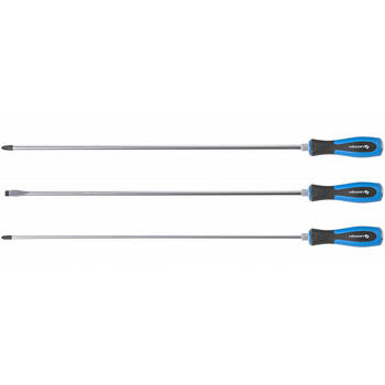 Hogert HT1S084 skrūvgriežu komplekts, 3 gab., 450 mm, CrV, rūdīti un magnetizēti uzgaļi, ergonomisks rokturis, SL8, PH2, PH3 (HT1S084)