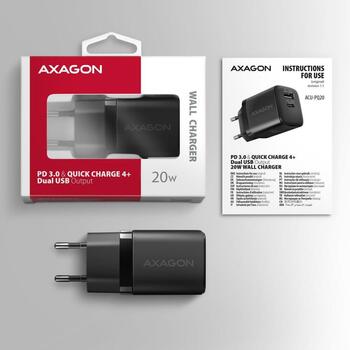 Axagon lādētājs ACU-PQ20 20W, 2 porti, 100-240V, QC 4+, PD 3.0, melns, ātrā uzlāde, aizsardzība pret pārslodzi (ACU-PQ20)